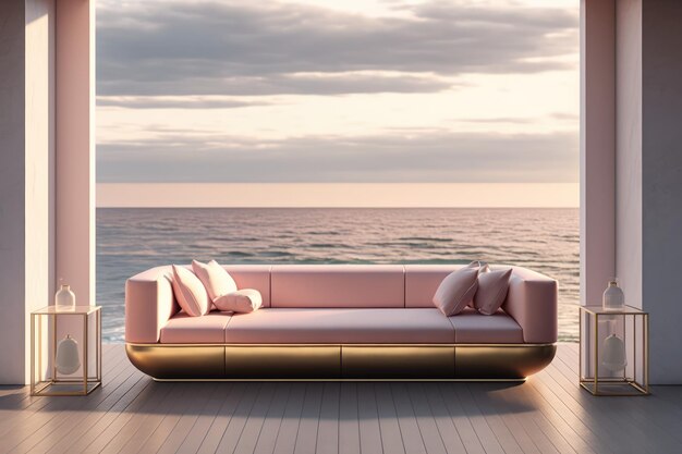 A living room with a view of the ocean and a sunset on the wall