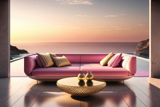 A living room with a view of the ocean and a sunset on the wall