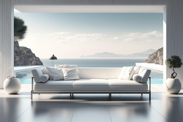 A living room with a view of the ocean and a sunset on the wall