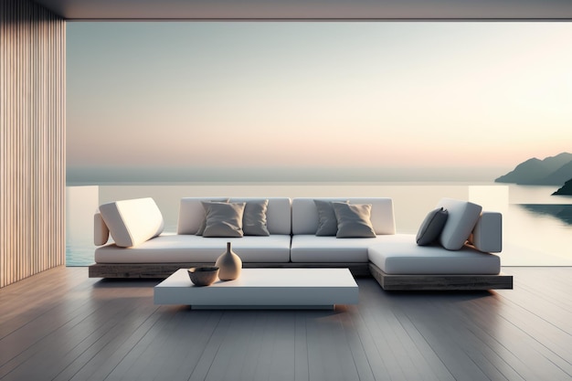 A living room with a view of the ocean and a sunset on the wall