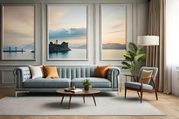 A living room with a view of the ocean and a sunset.