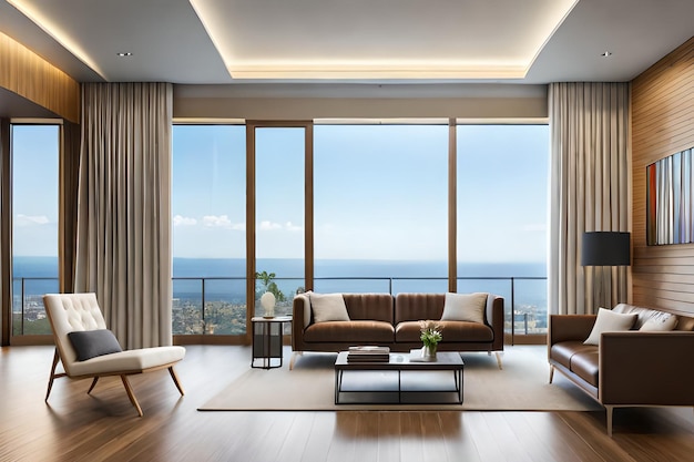 A living room with a view of the ocean.