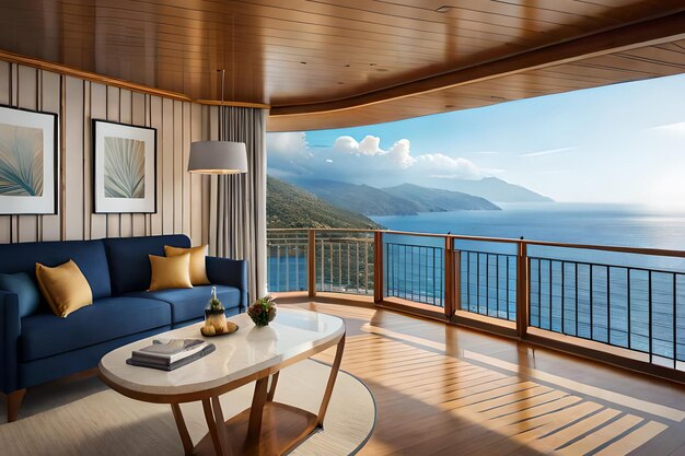 A living room with a view of the ocean.