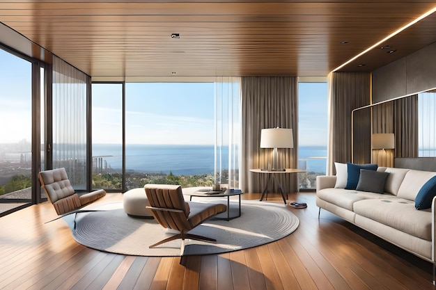 A living room with a view of the ocean.