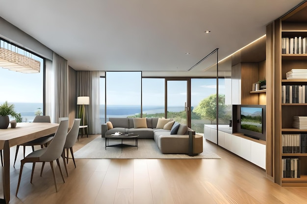 A living room with a view of the ocean.