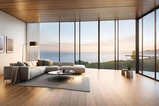 A living room with a view of the ocean.