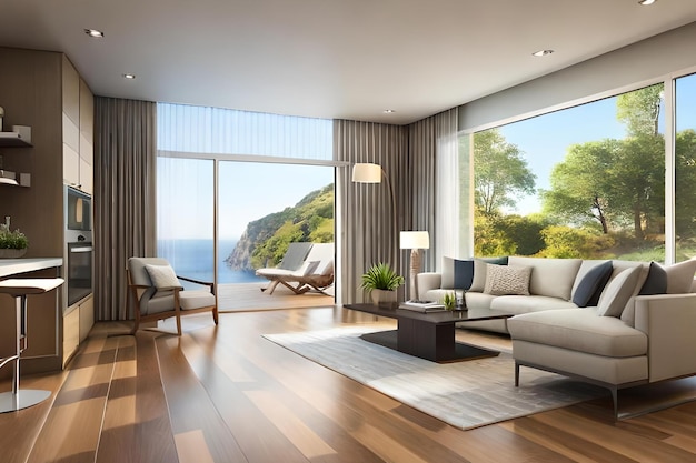 A living room with a view of the ocean.