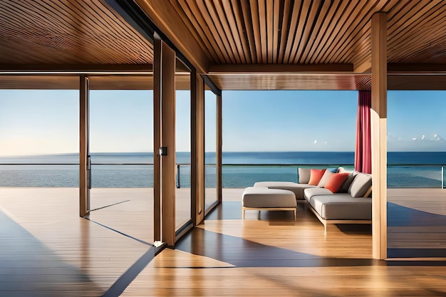 A living room with a view of the ocean