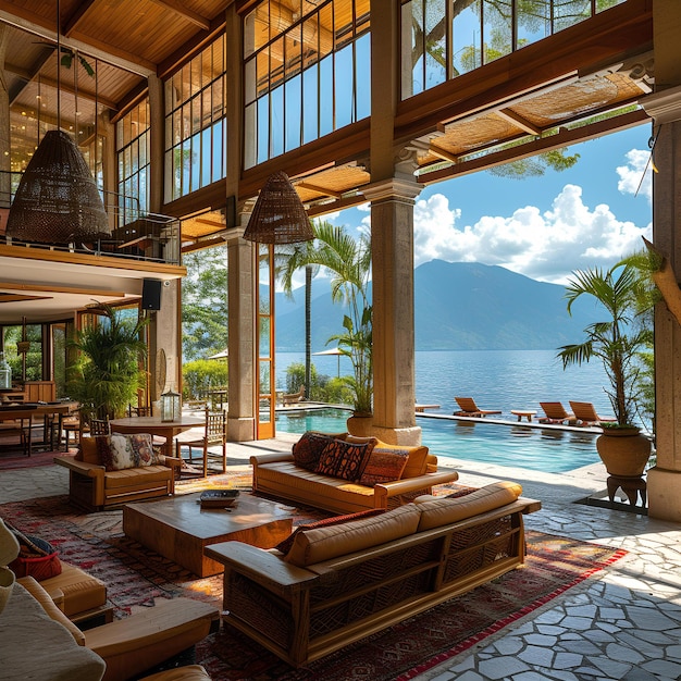 A living room with a view of the ocean