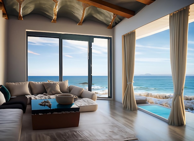 A living room with a view of the ocean