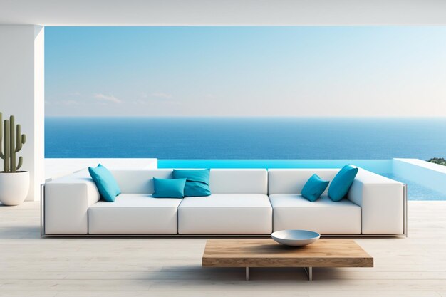 A living room with a view of the sea and a white couch.