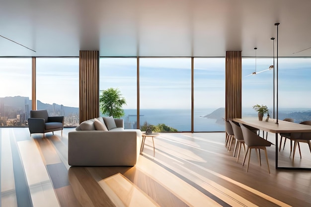 A living room with a view of the sea.