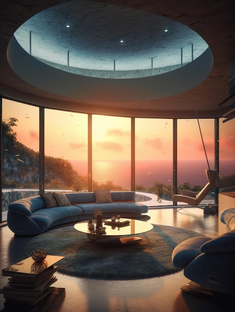 A living room with a view of the sunset.