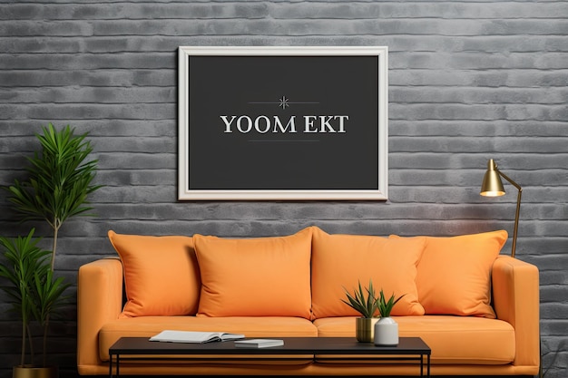 A living room with a wall hanging on the wall and a quote saying " yom ".