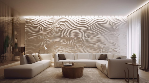 A living room with a wall of waves in the background