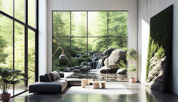 A living room with a waterfall and a large window with a picture of a waterfall.