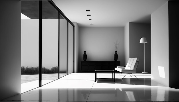 A living room with a white chair and a black table with a lamp on it.