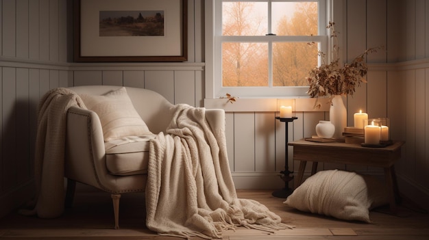 A living room with a white chair and a blanket on the floor.