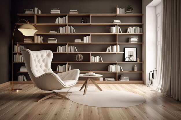 A living room with a white chair and a bookcase with a clock on it.