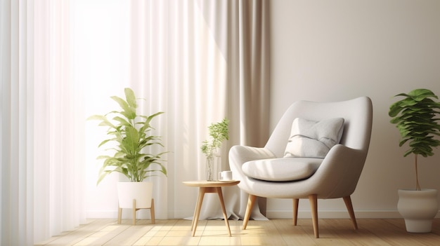 A living room with a white chair and a plant on the table.