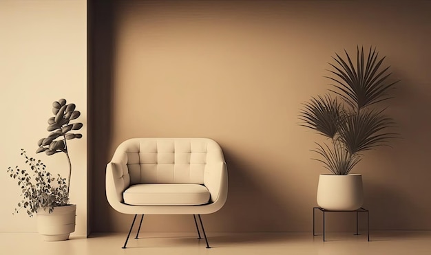 A living room with a white chair and a plant on the wall.