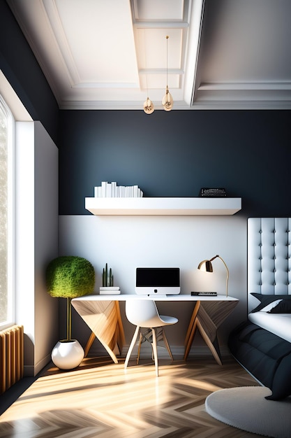 a living room with a white chair and a white table with a lamp on it.