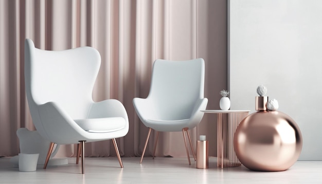 A living room with white chairs and a table with a vase on it.