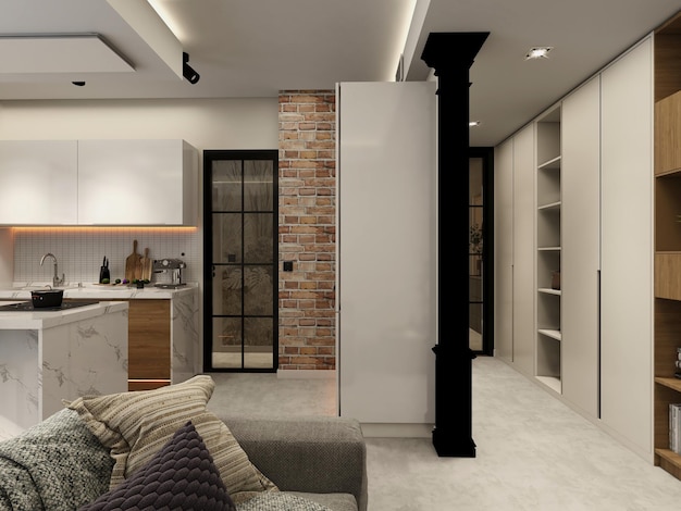 A living room with a white couch and a black lamp on the wall