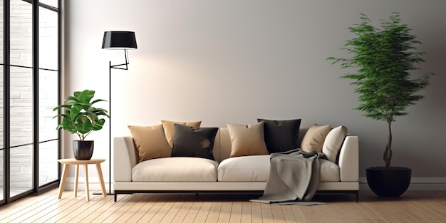 A living room with a white couch and a black lamp