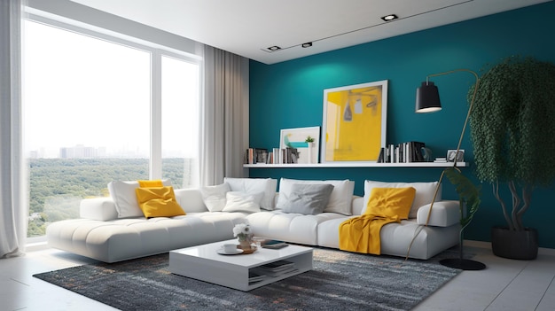 Гостиная с белым диваном и синей стеной — генеративное изображение ai