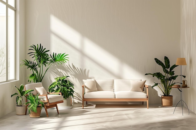 A living room with a white couch and a bunch of potted plants