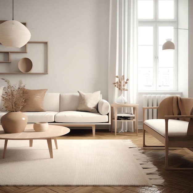 A living room with a white couch, a coffee table, a lamp, and a lamp.