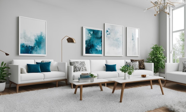 A living room with a white couch and a coffee table with blue and white pillows.