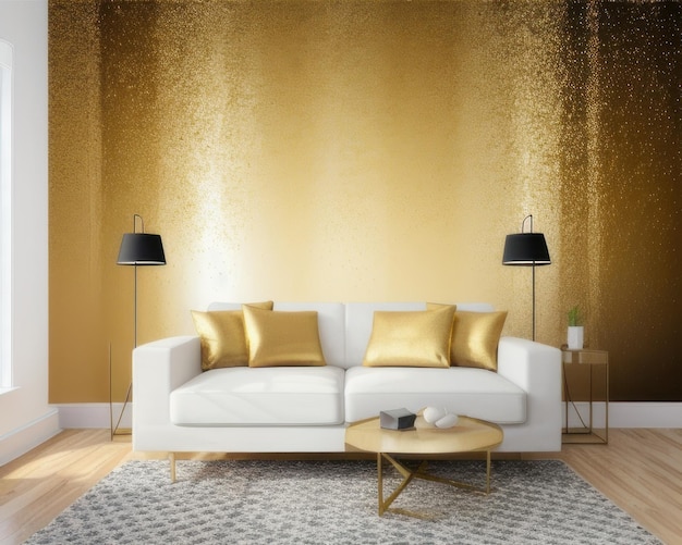 A living room with a white couch and a coffee table with gold pillows.