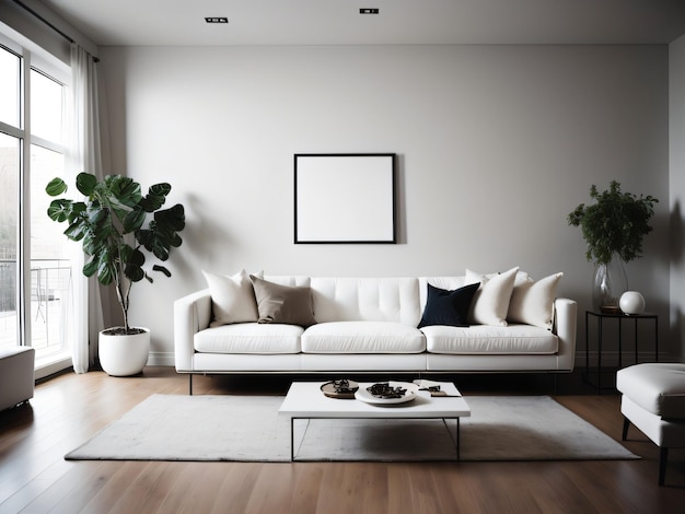 A living room with a white couch and a coffee table with a picture frame on the wall.