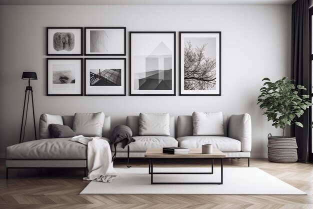 A living room with a white couch and a coffee table with a picture of a house on the wall.