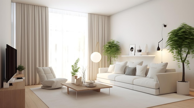 A living room with a white couch and a coffee table with a plant on it.