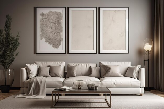 A living room with a white couch and a coffee table with three framed pictures on it.