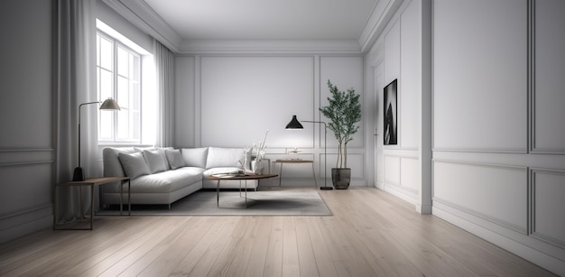 A living room with a white couch and a coffee table.