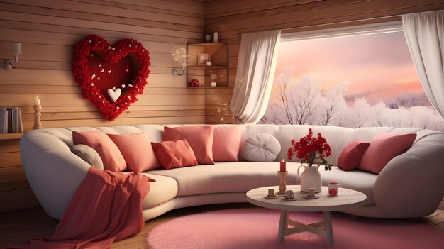 Photo living room with a white couch decorated for valentine's day with red hearts