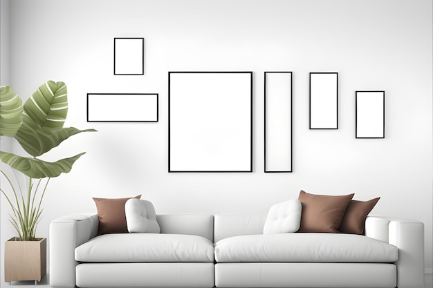 A living room with a white couch and frames on the wall mock up image