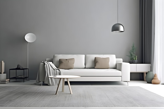 A living room with a white couch and a lamp on the wall.