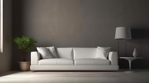 A living room with a white couch and a lamp on the wall.