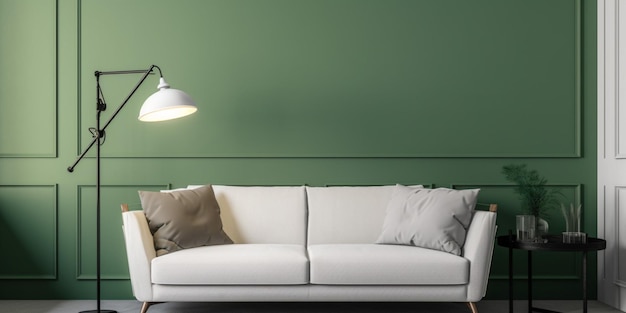 A living room with a white couch and a lamp.