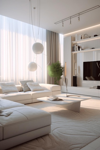 A living room with a white couch and a large white lamp