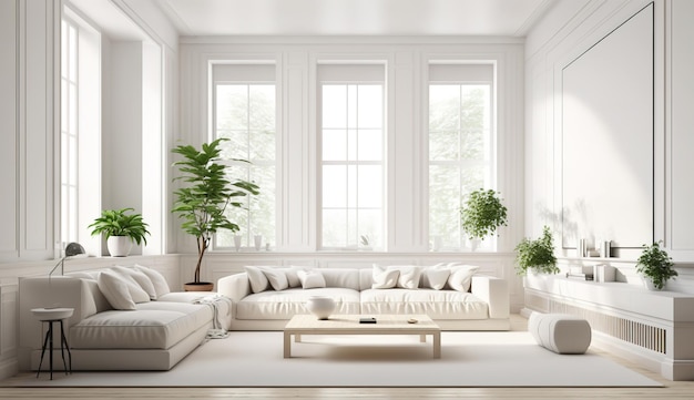 白いソファと植物が置かれた大きな窓のあるリビング ルーム。