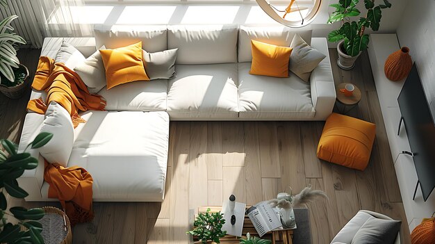 a living room with a white couch and orange pillows