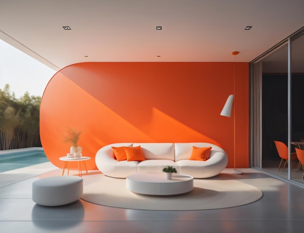 A living room with a white couch and orange wall.