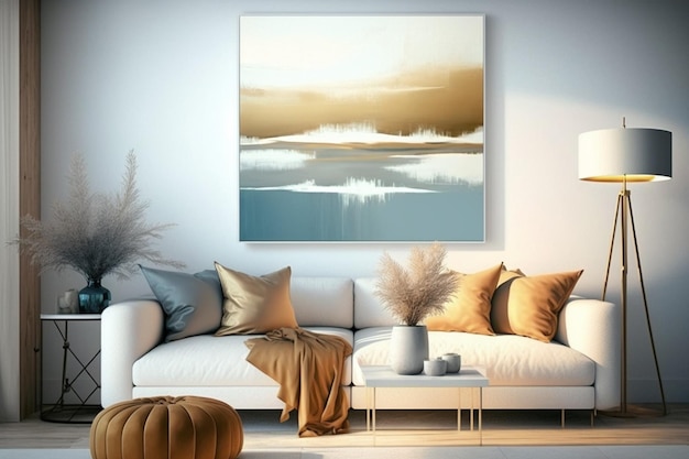 A living room with a white couch and a painting of a beach scene.