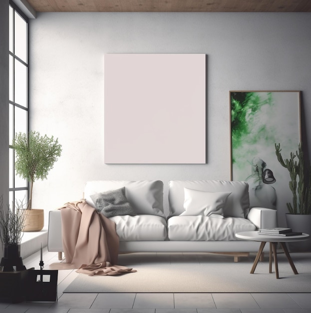 A living room with a white couch and a painting on the wall.